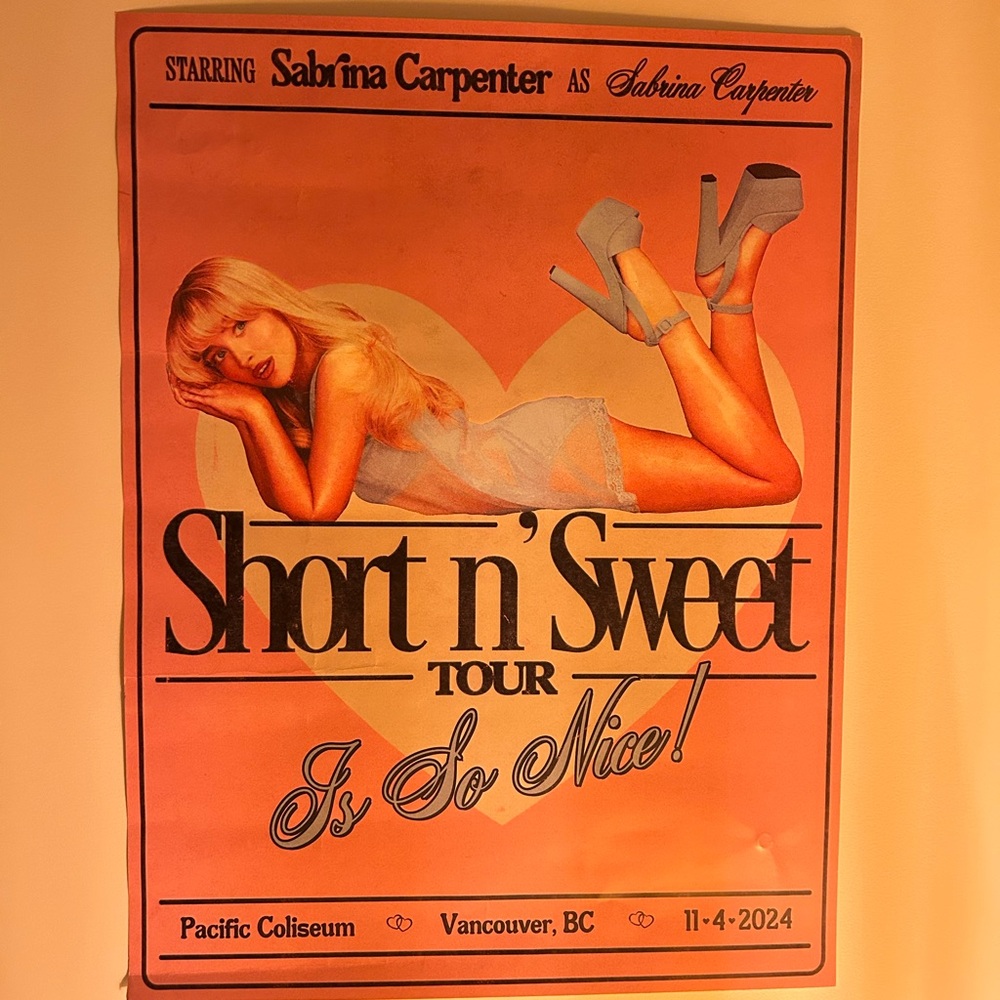 pink short n sweet tour poster, comes w confetti from the sabrina carpenter tour